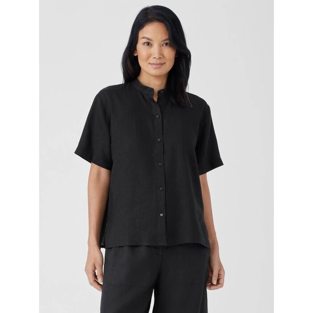 Eileen Fisher Organic Handkerchief Linen Band Collar Short-Sleeve Shirt Petite